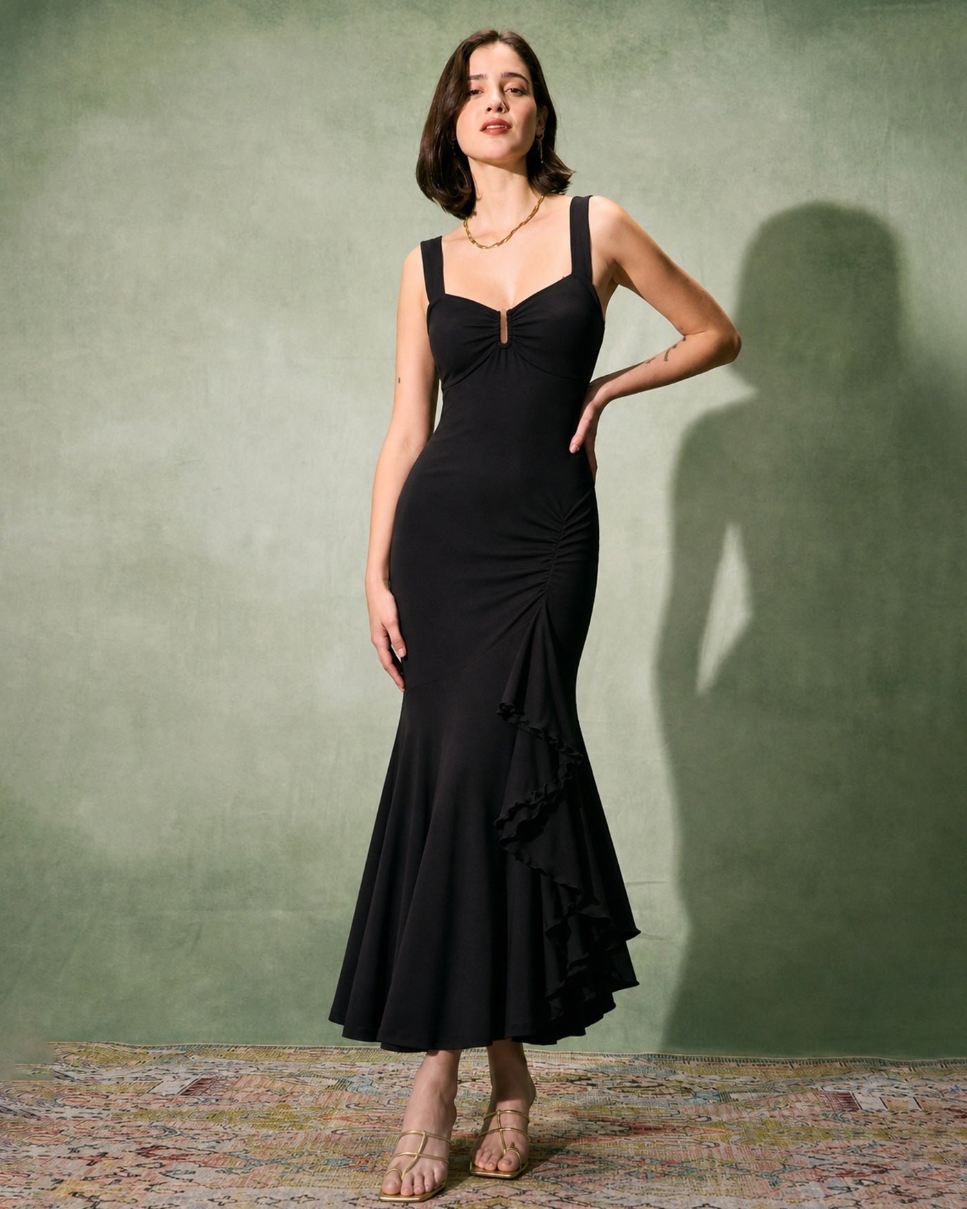 Svart Sweetheart Hals Slits Ruffle Maxi Klänning