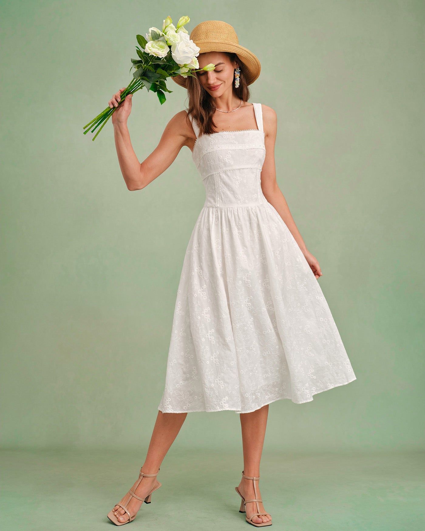 Vit Fyrkantig Halsringning Slip Midi Klänning