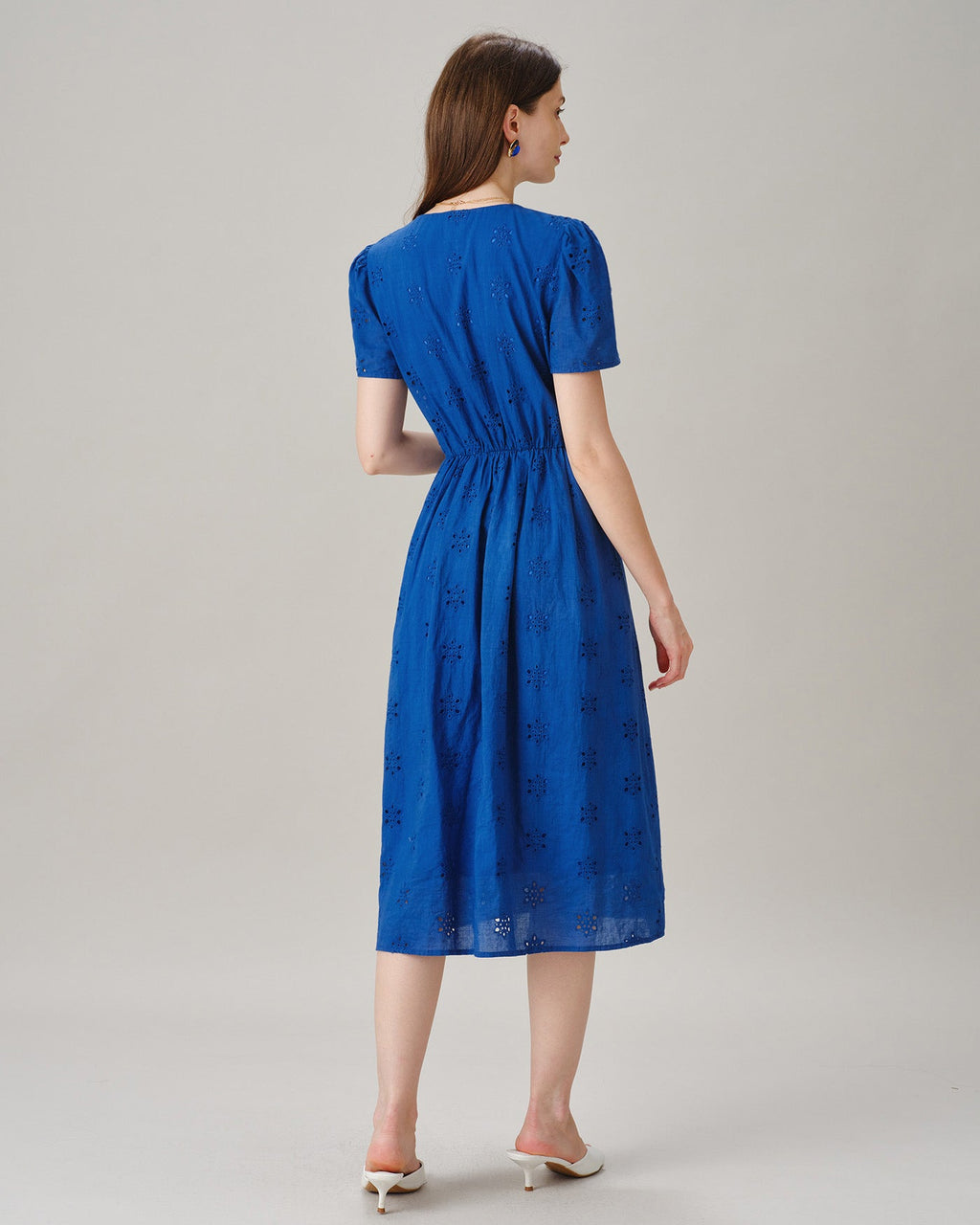 Blå V-ringad Puffärmad Slits Midi Klänning