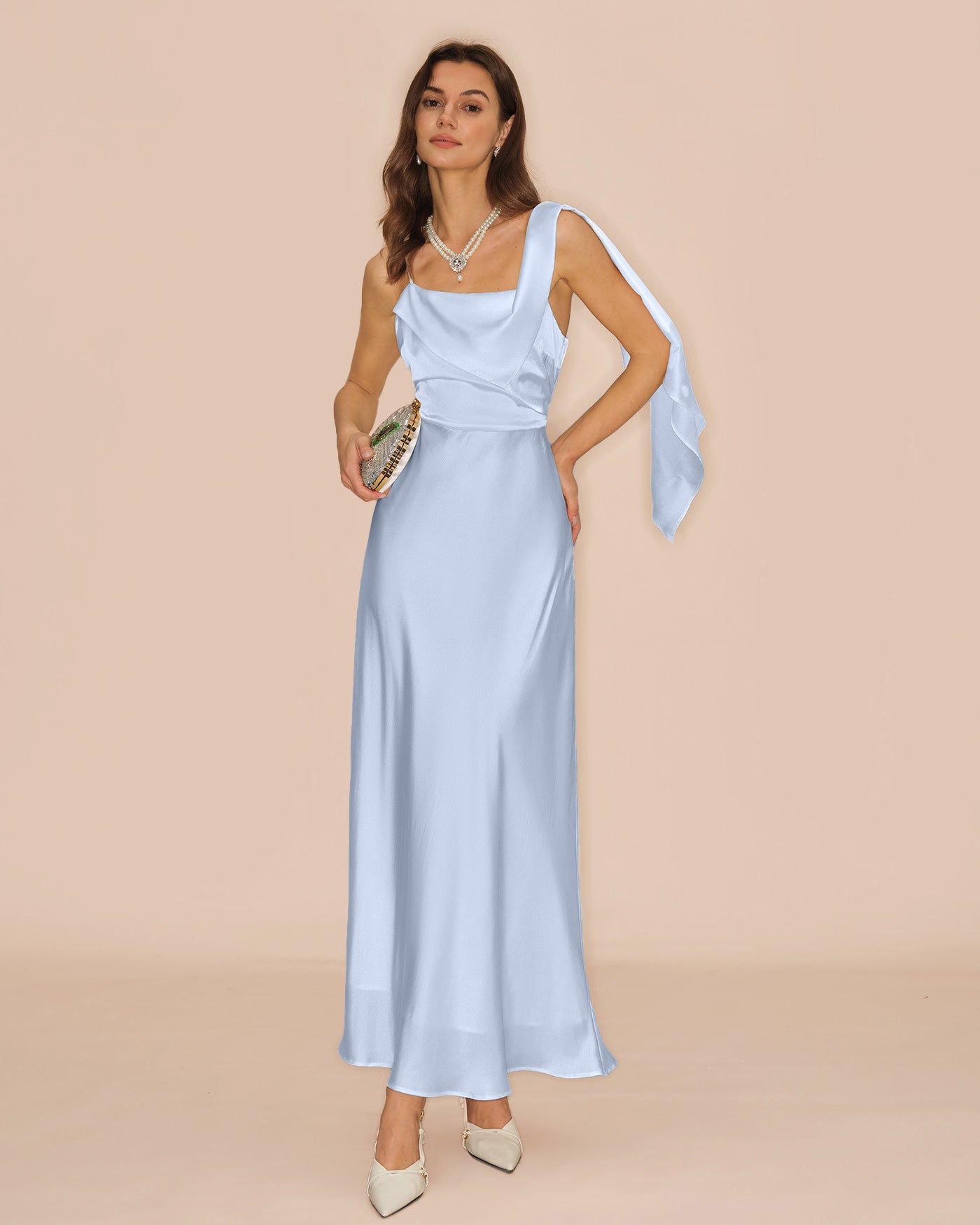 Blå Fyrkantig Halsringning Flödande Satin Maxi Klänning