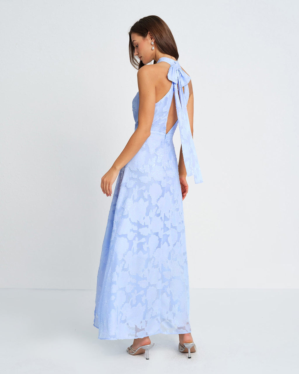 Blå Mock Neck Jacquard Maxi Klänning