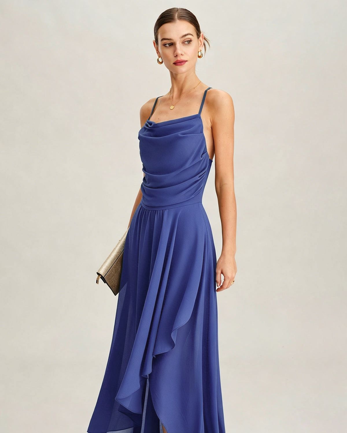 Blå Fyrkantig Hals Slip Chiffon Maxi Klänning