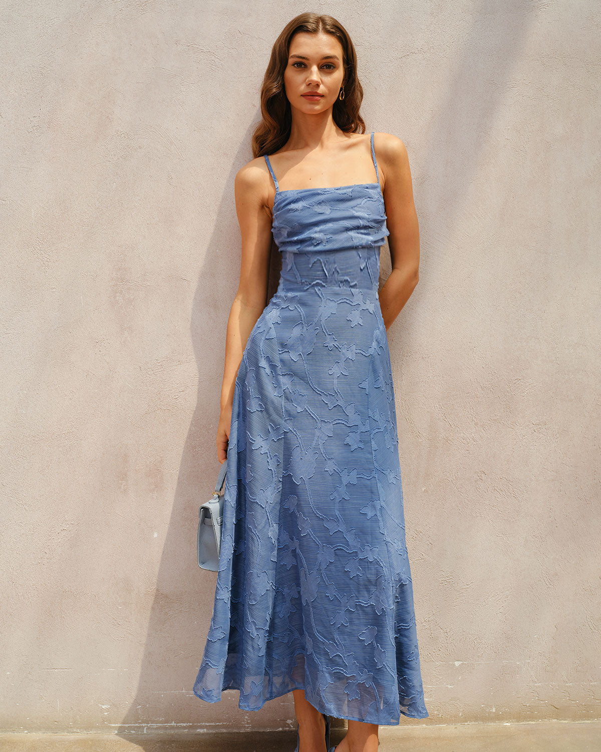 Blå Jacquard Rynkad Slip Maxi Klänning