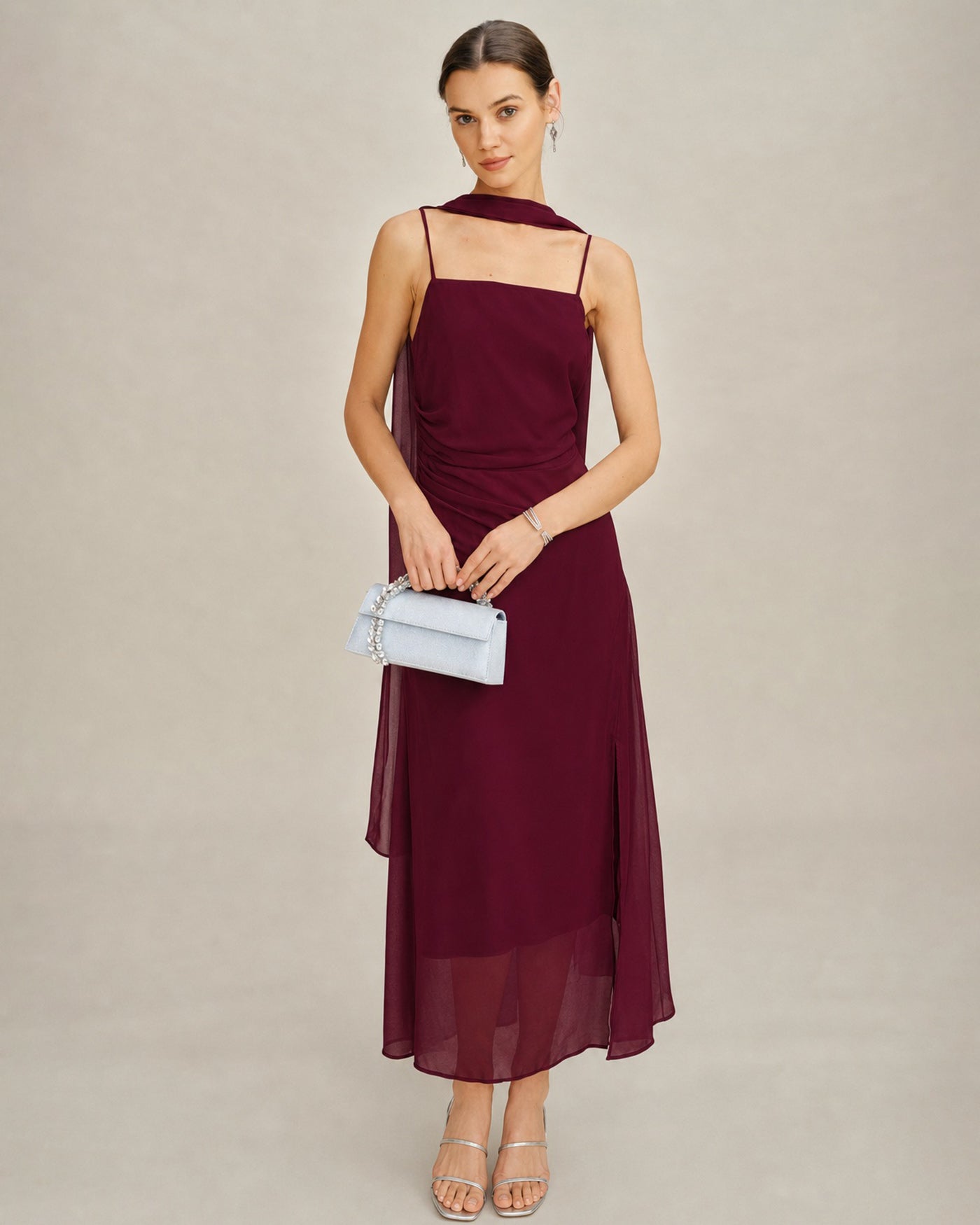 Vinröd Cowl Neck Tie Chiffon Maxi Klänning