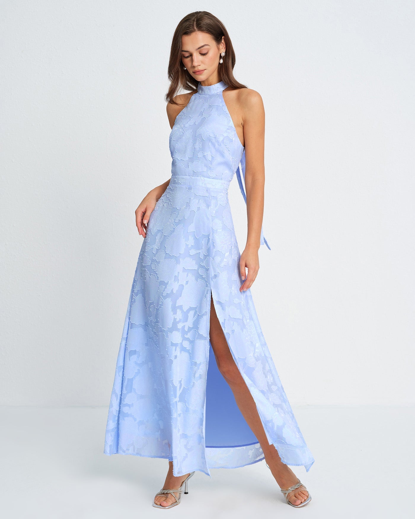 Blå Mock Neck Jacquard Maxi Klänning