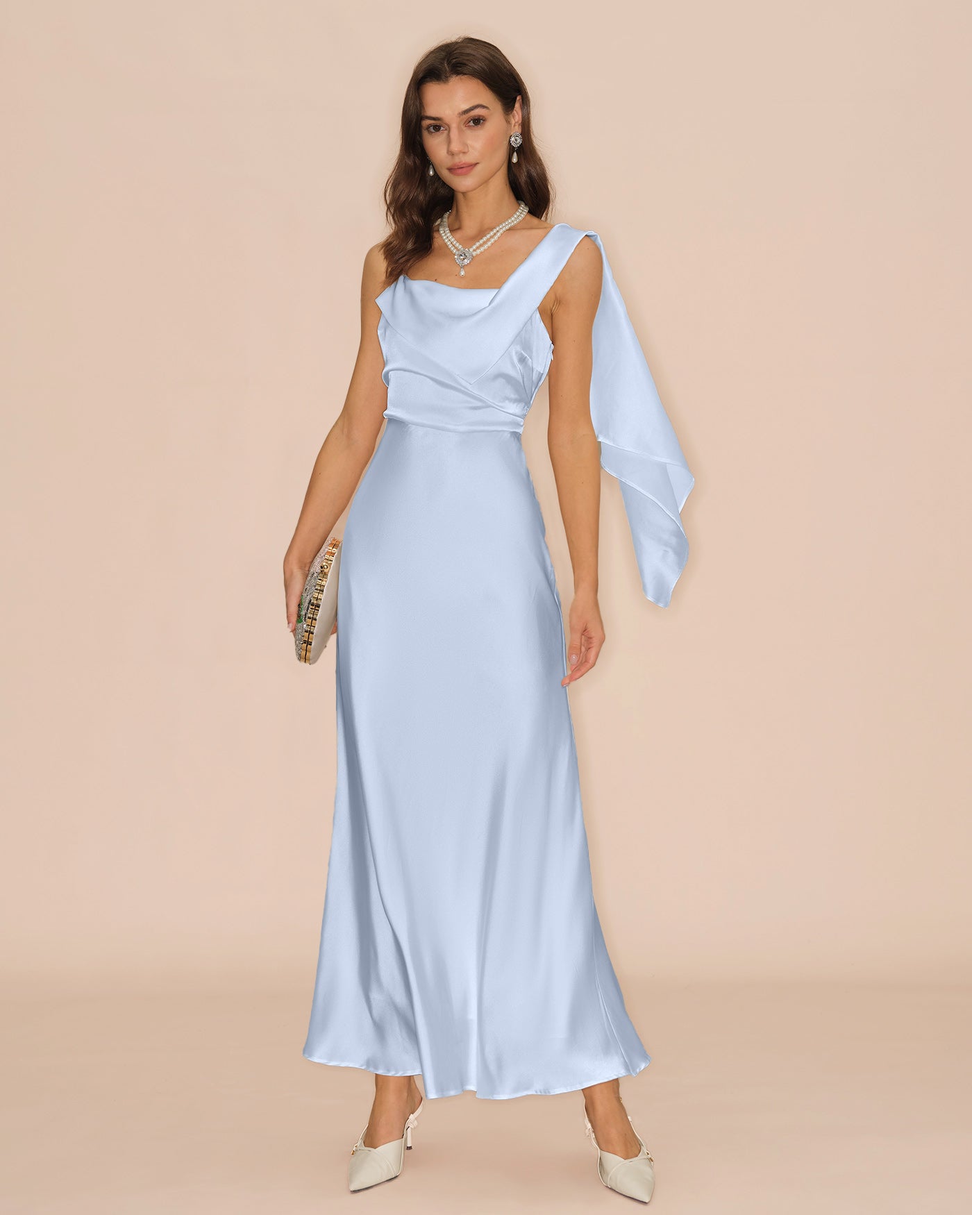 Blå Fyrkantig Halsringning Flödande Satin Maxi Klänning