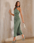 Grön Satin En Axel Maxi Klänning