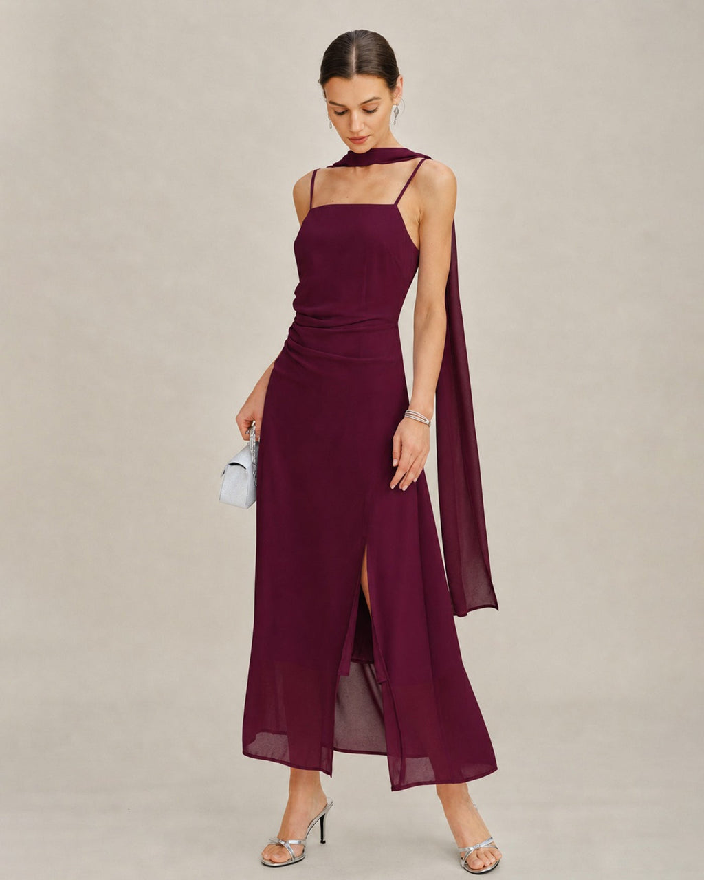 Vinröd Cowl Neck Tie Chiffon Maxi Klänning