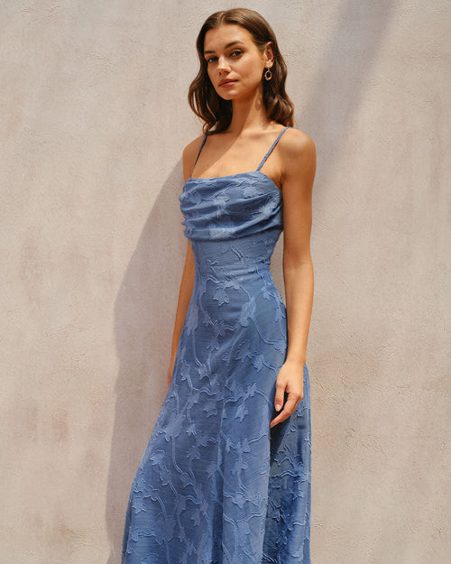 Blå Jacquard Rynkad Slip Maxi Klänning