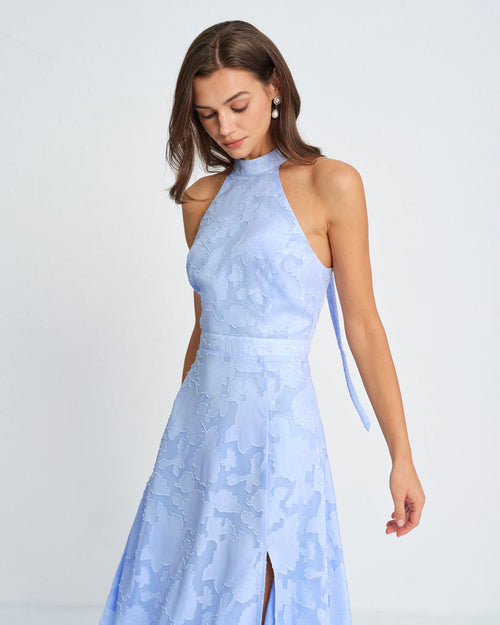 Blå Mock Neck Jacquard Maxi Klänning