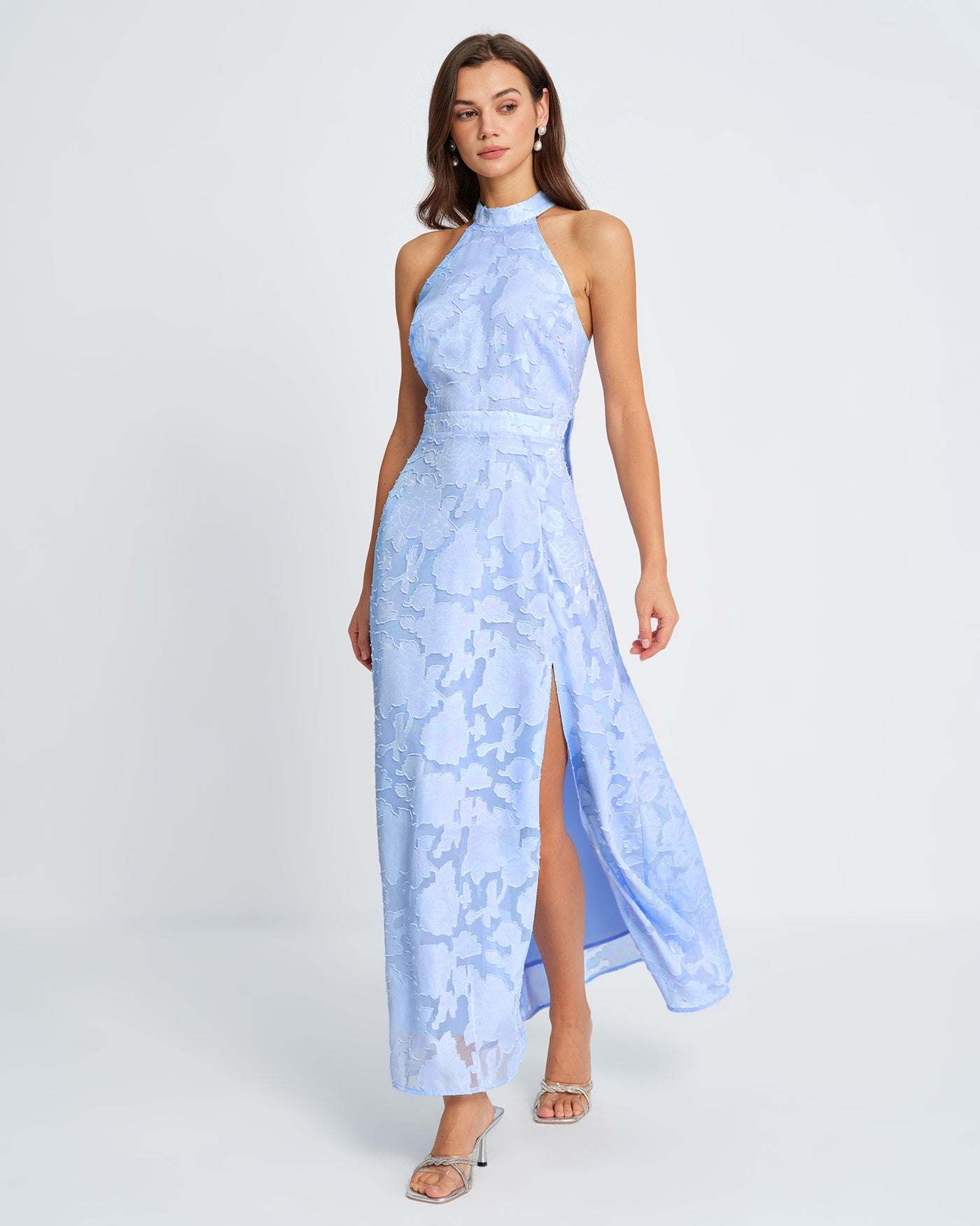 Blå Mock Neck Jacquard Maxi Klänning