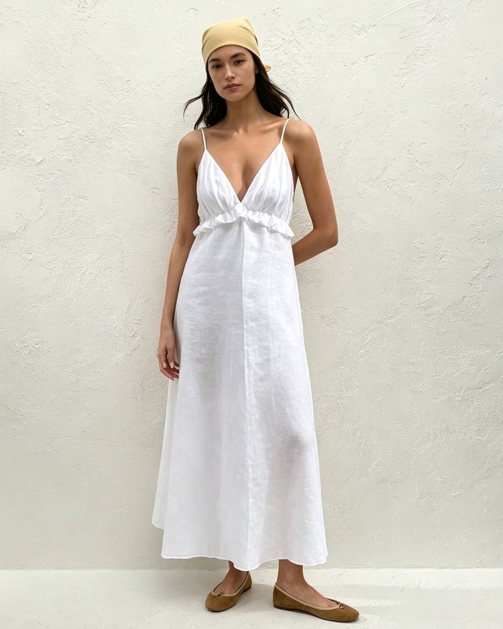 Vit Solid Rynkad Slip Maxi Klänning