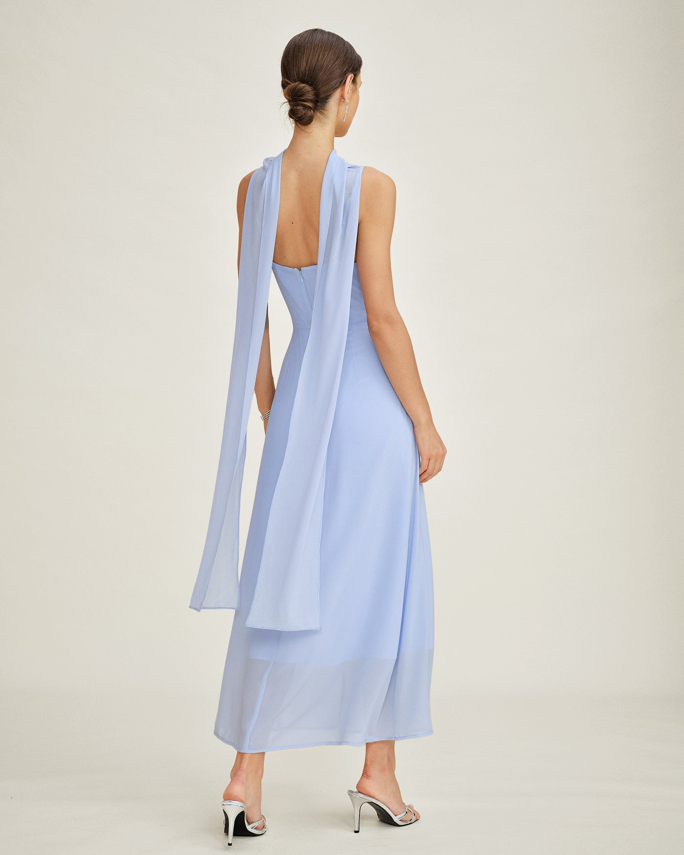 Blå Cowl Neck Strap Chiffon Maxi Klänning