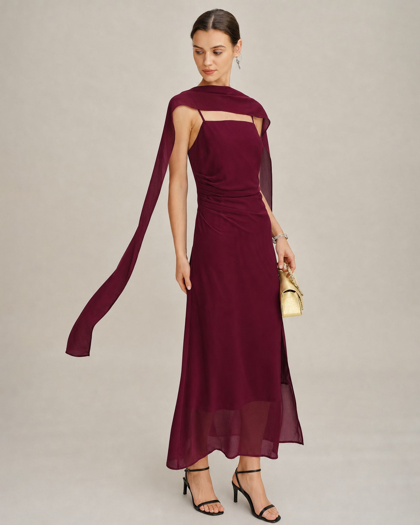 Vinröd Cowl Neck Tie Chiffon Maxi Klänning