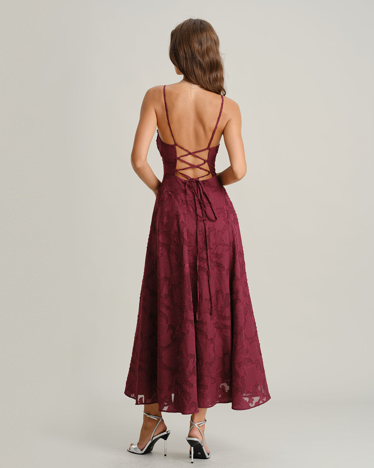 Vinröd Jacquard Slip Maxi Klänning