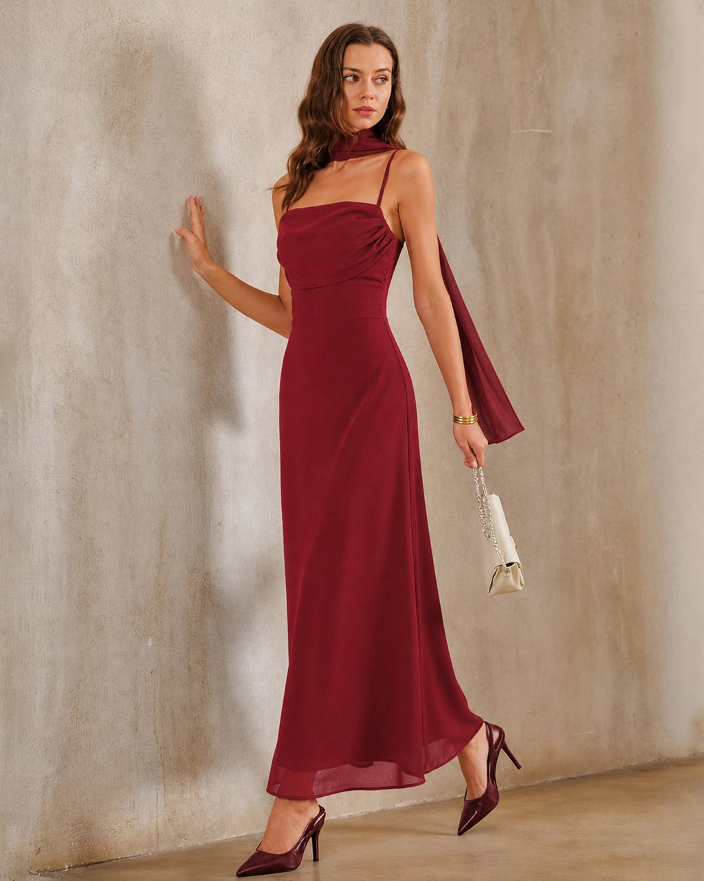 Röd Rygglös Sprund Chiffon Maxi Klänning