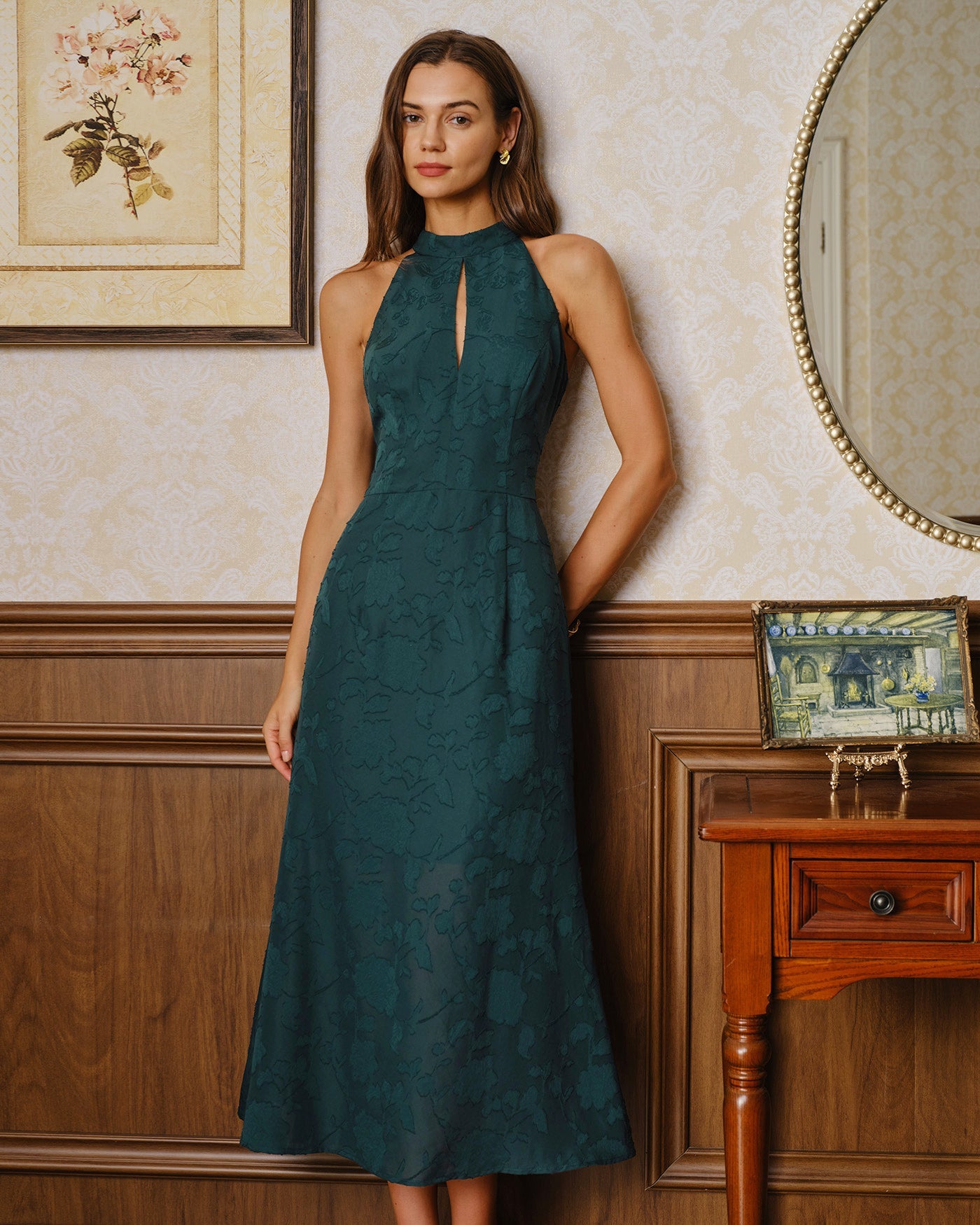 Grön Mock Neck Ärmless Jacquard Maxi Klänning
