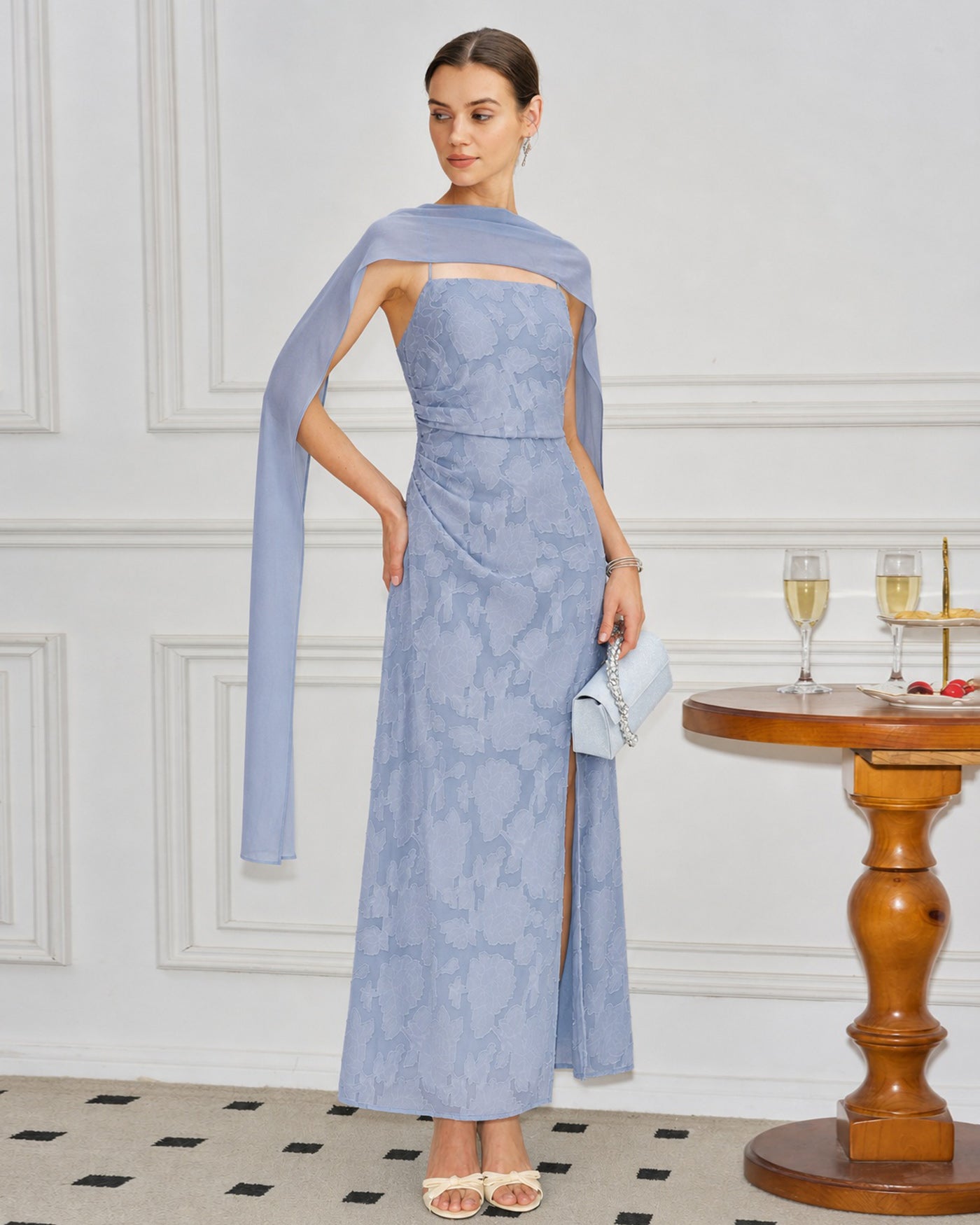 Blå Fyrkantig Halsringning Jacquard Slits Maxi Klänning