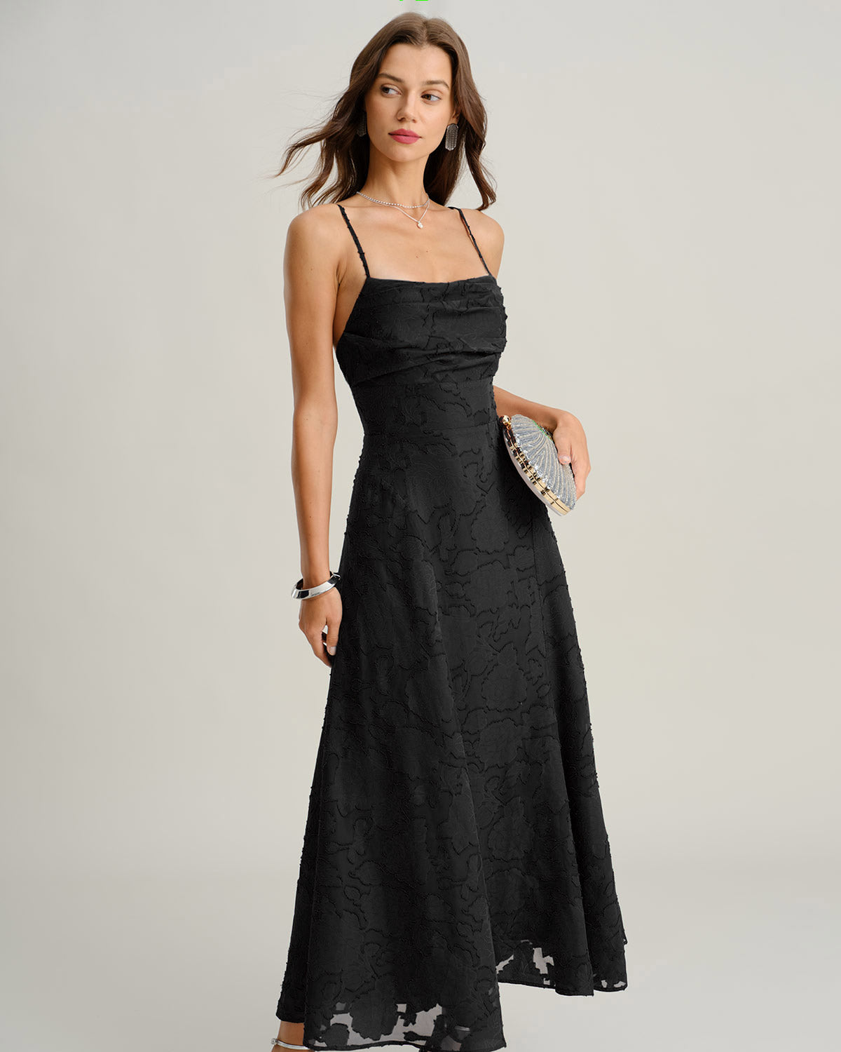 Svart Jacquard Slip Maxi Klänning