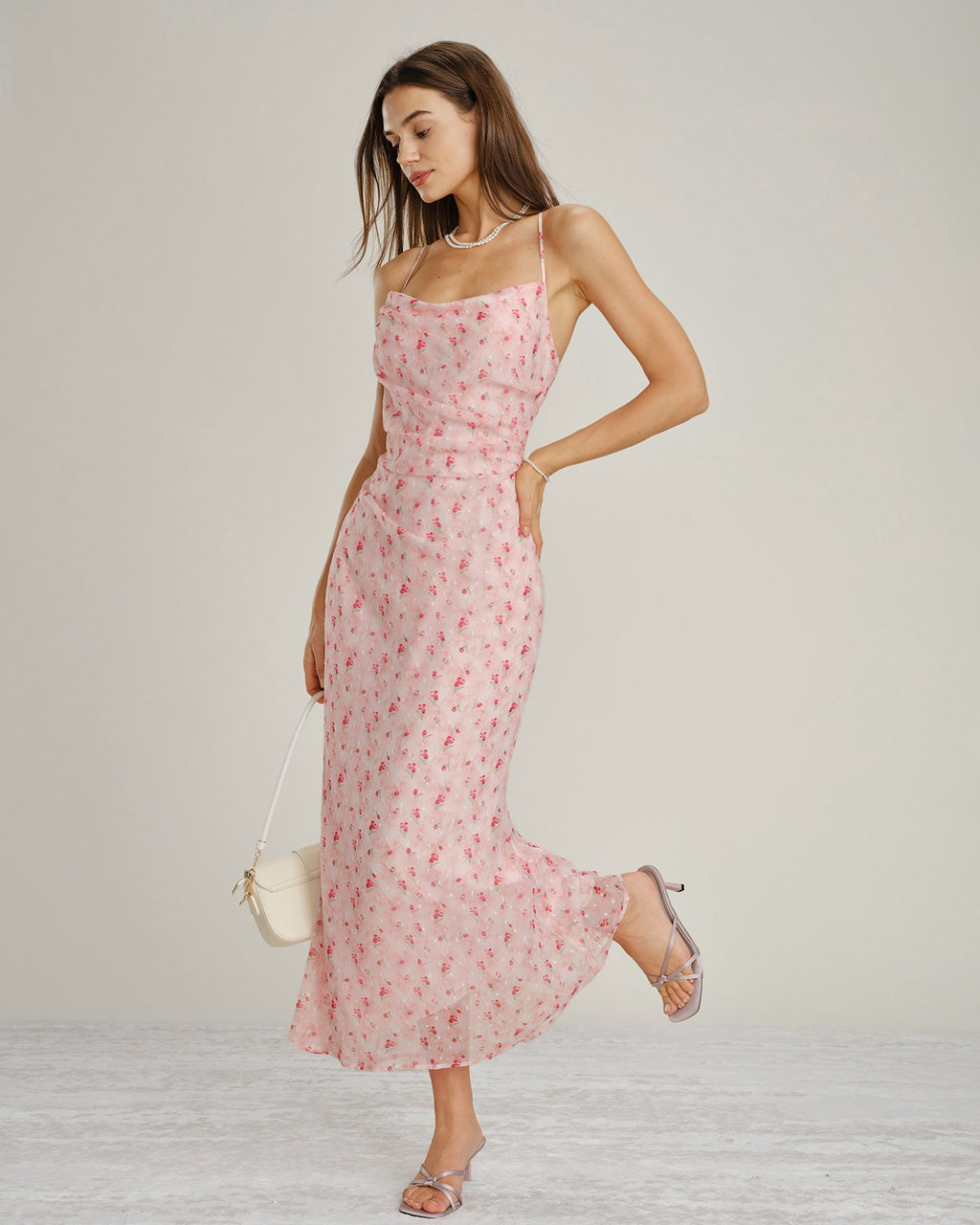 Rosa Cowl Neck Blommig Slip Maxi Klänning
