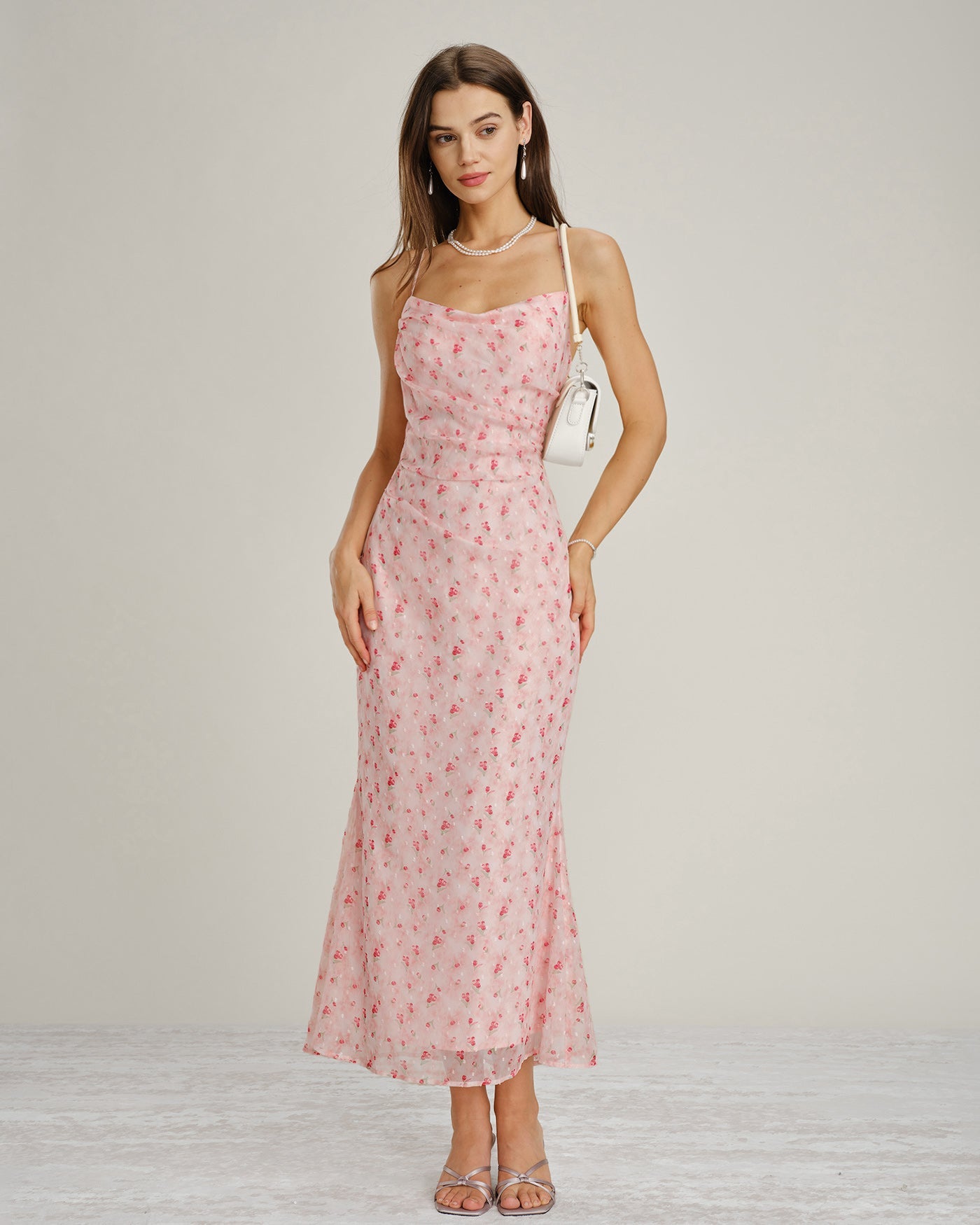 Rosa Cowl Neck Blommig Slip Maxi Klänning