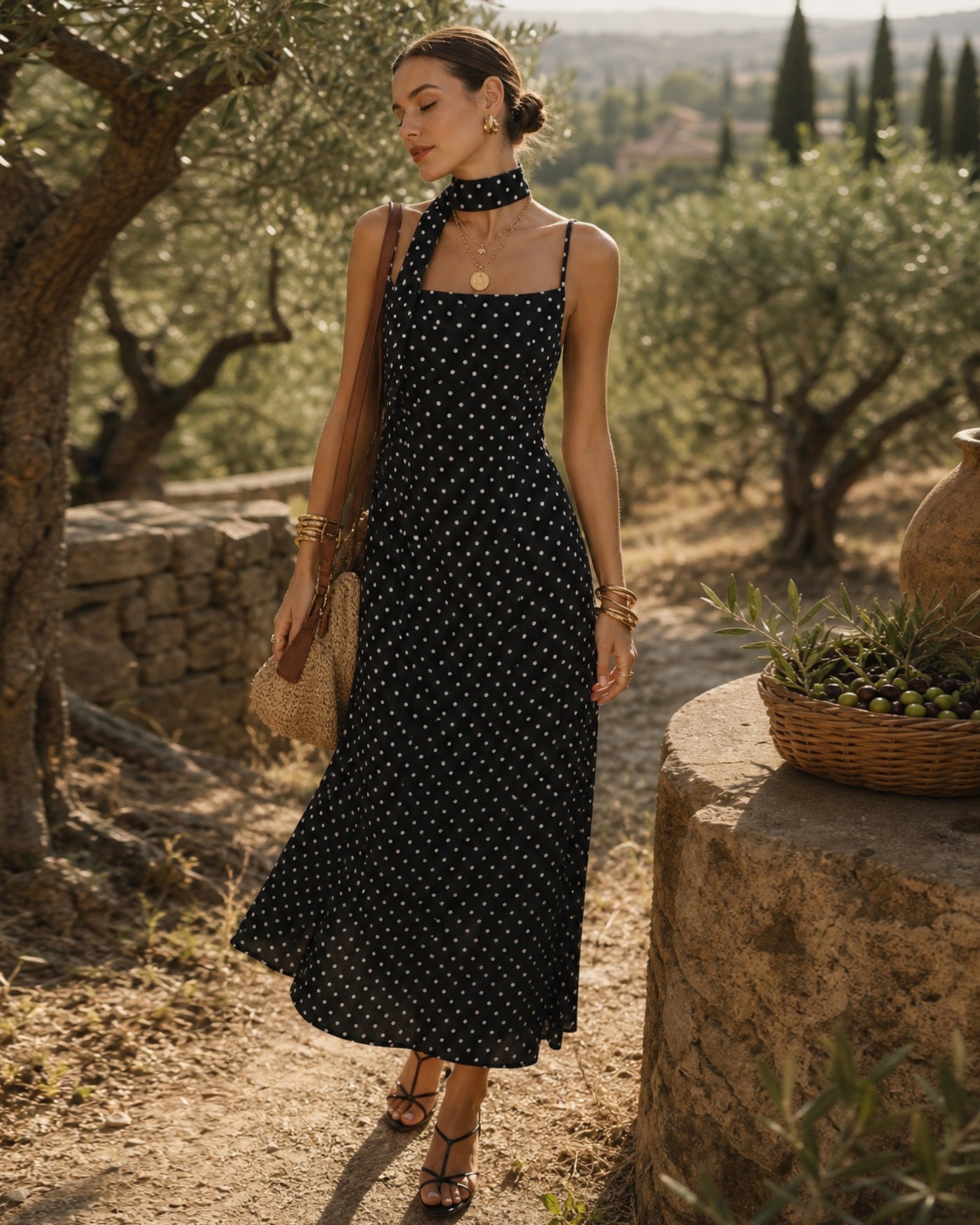 Svart Prickig Cowl Neck Slip Maxi Klänning