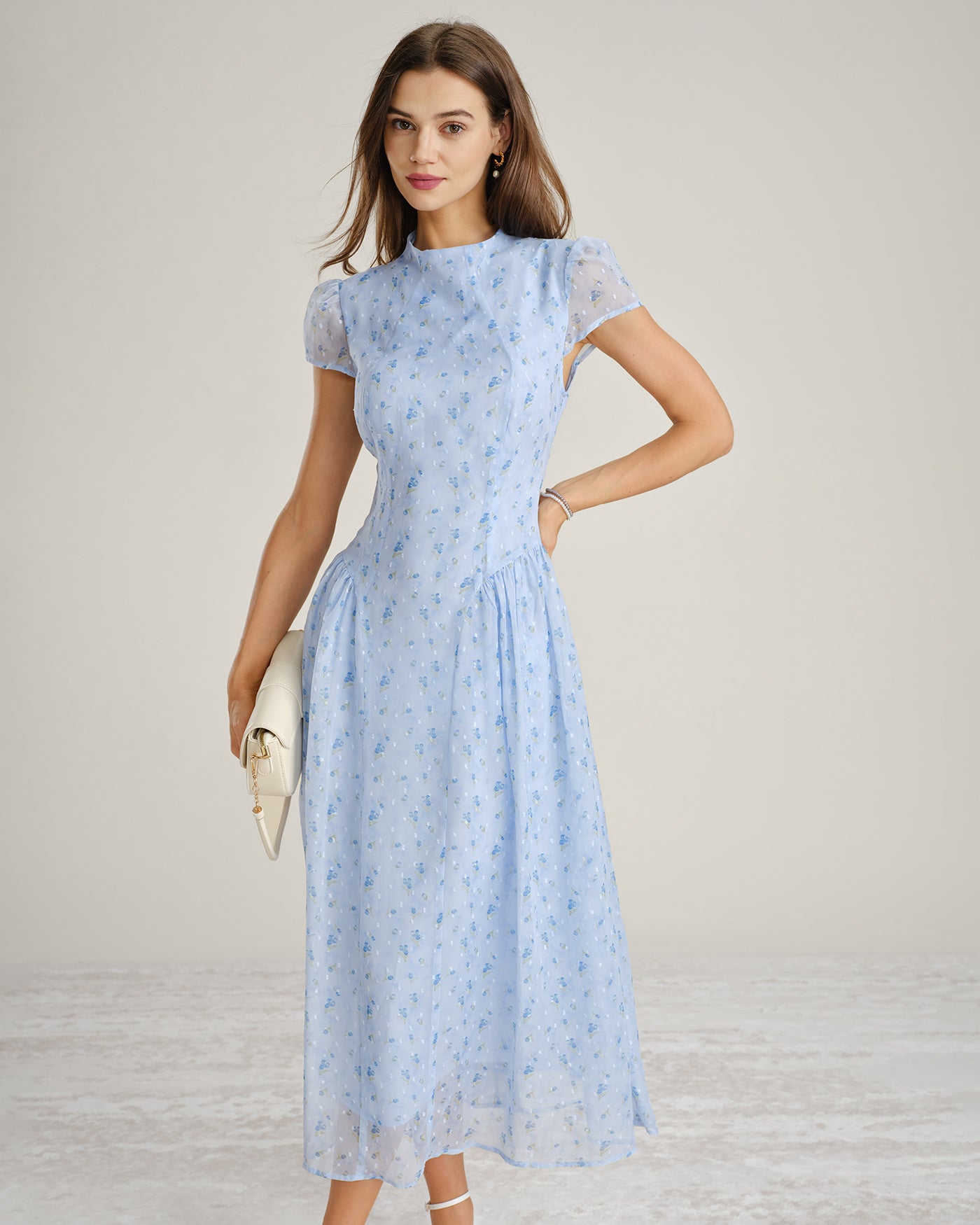 Blå Mock Neck Blommig Chiffon Maxi Klänning