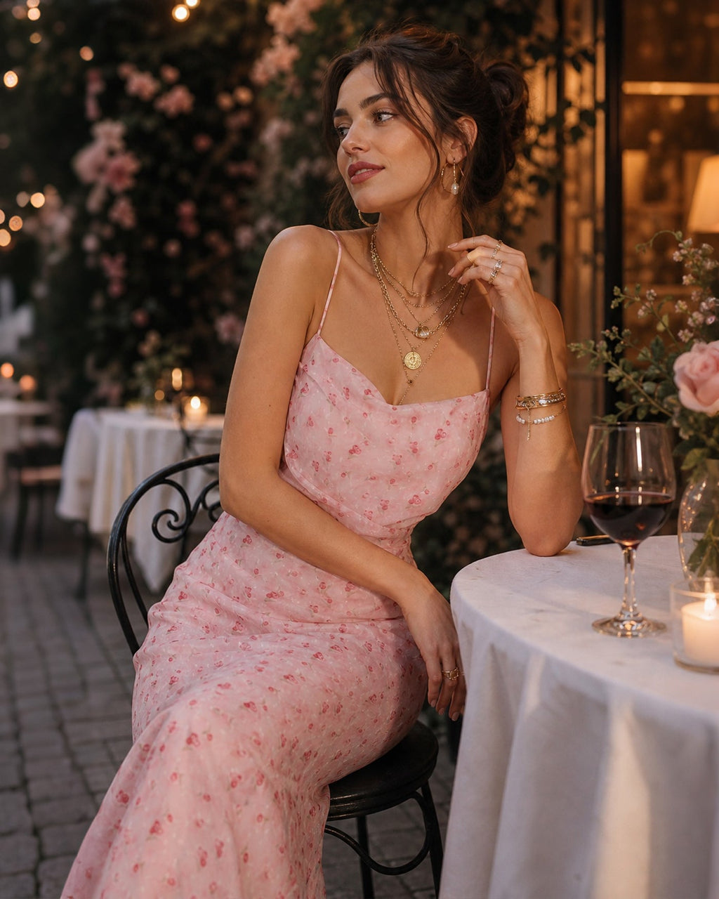 Rosa Cowl Neck Blommig Slip Maxi Klänning