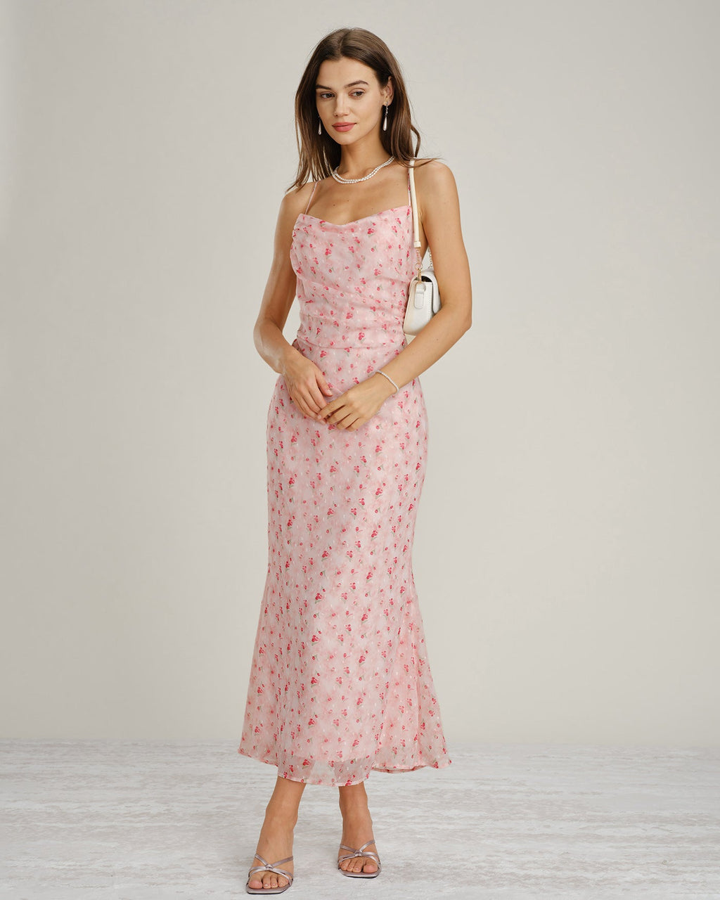 Rosa Cowl Neck Blommig Slip Maxi Klänning