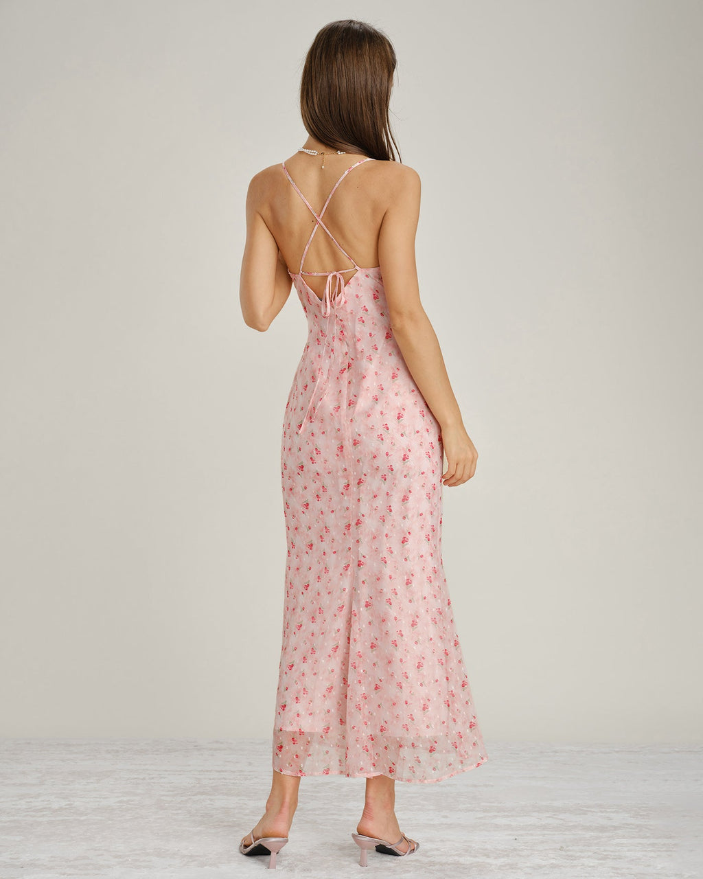 Rosa Cowl Neck Blommig Slip Maxi Klänning