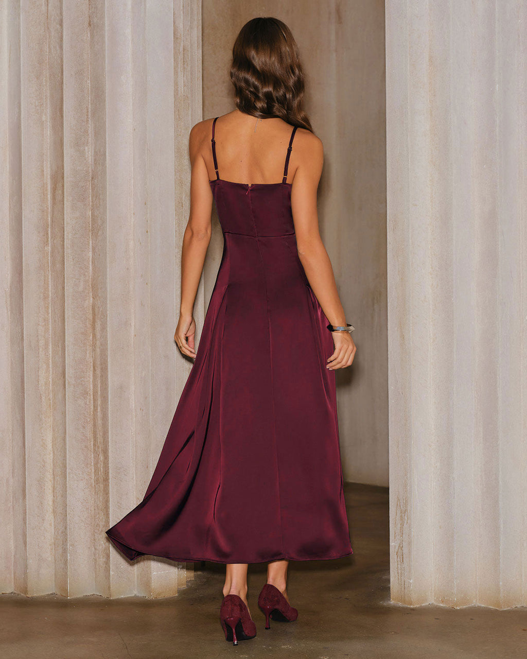Vinröd Satin A-Linje Slip Maxi Klänning
