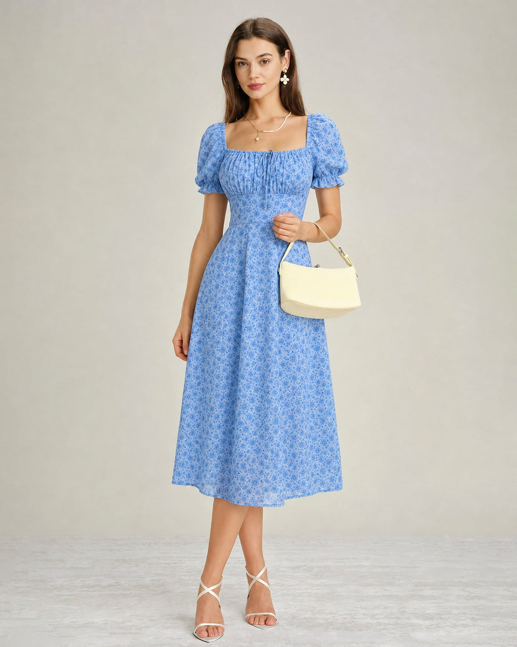 Blå Fyrkantig Halsringning Blommig Chiffon Midi Klänning