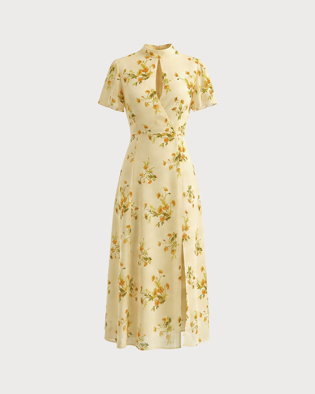 Gul Sköldpadda Fjäril Ärmlös Blommig Midi Klänning