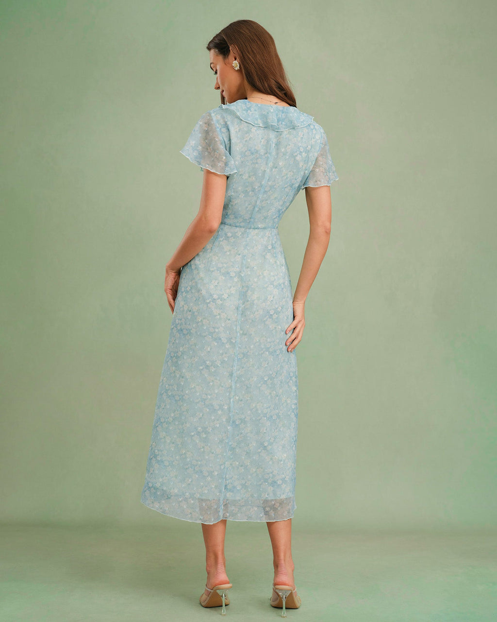 Blå V-ringad Blommig Volang Midi Klänning