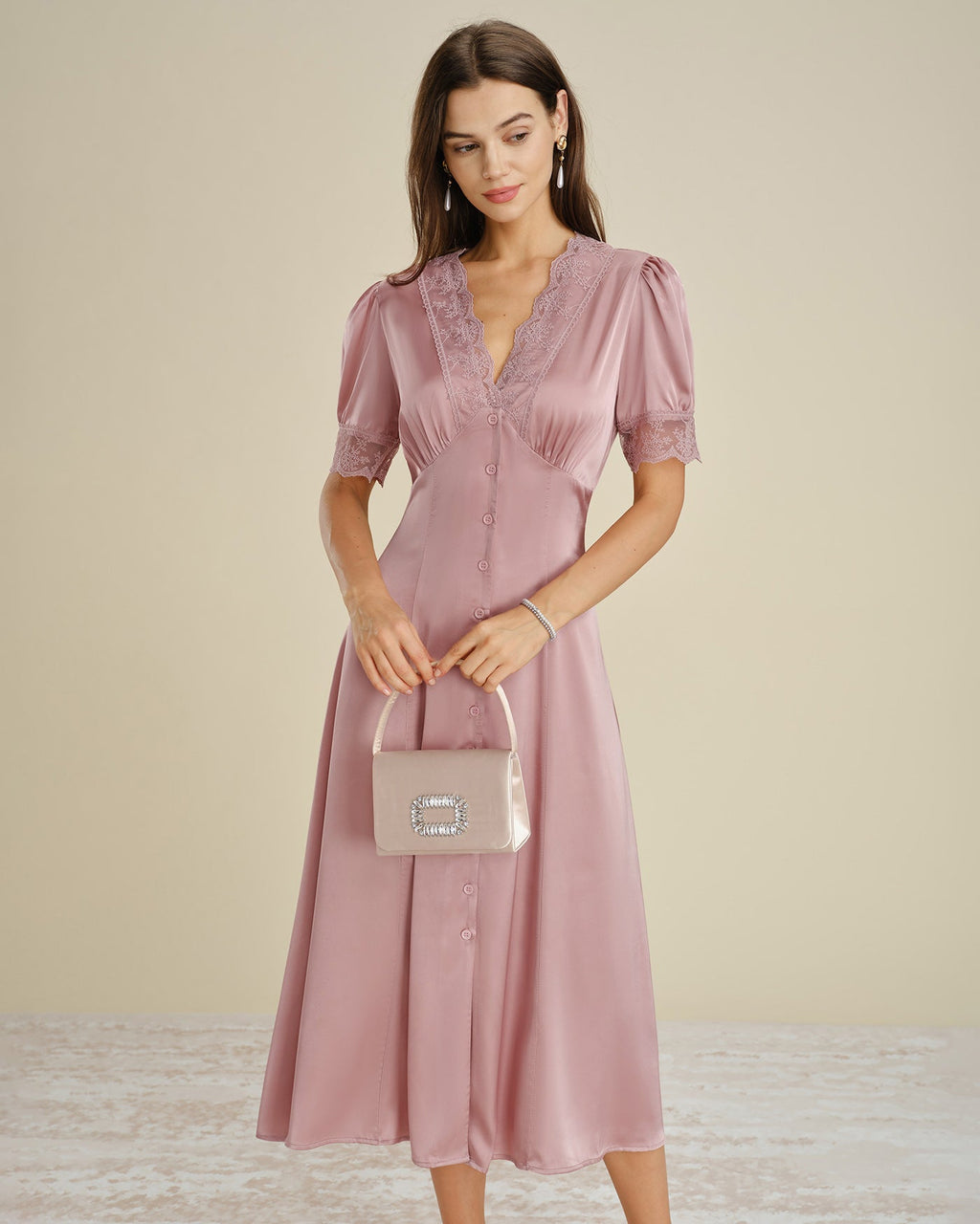 Rosa Spets Splicing Satin Midi Klänning