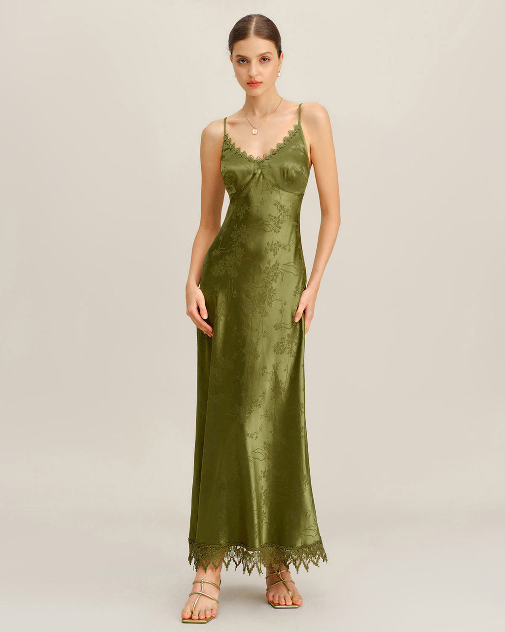 Grön Jacquard Korsett Slip Maxi Klänning