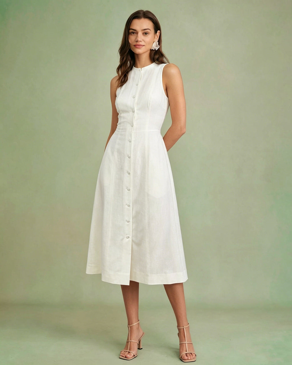 Vit Knappband Tunika Midi Klänning