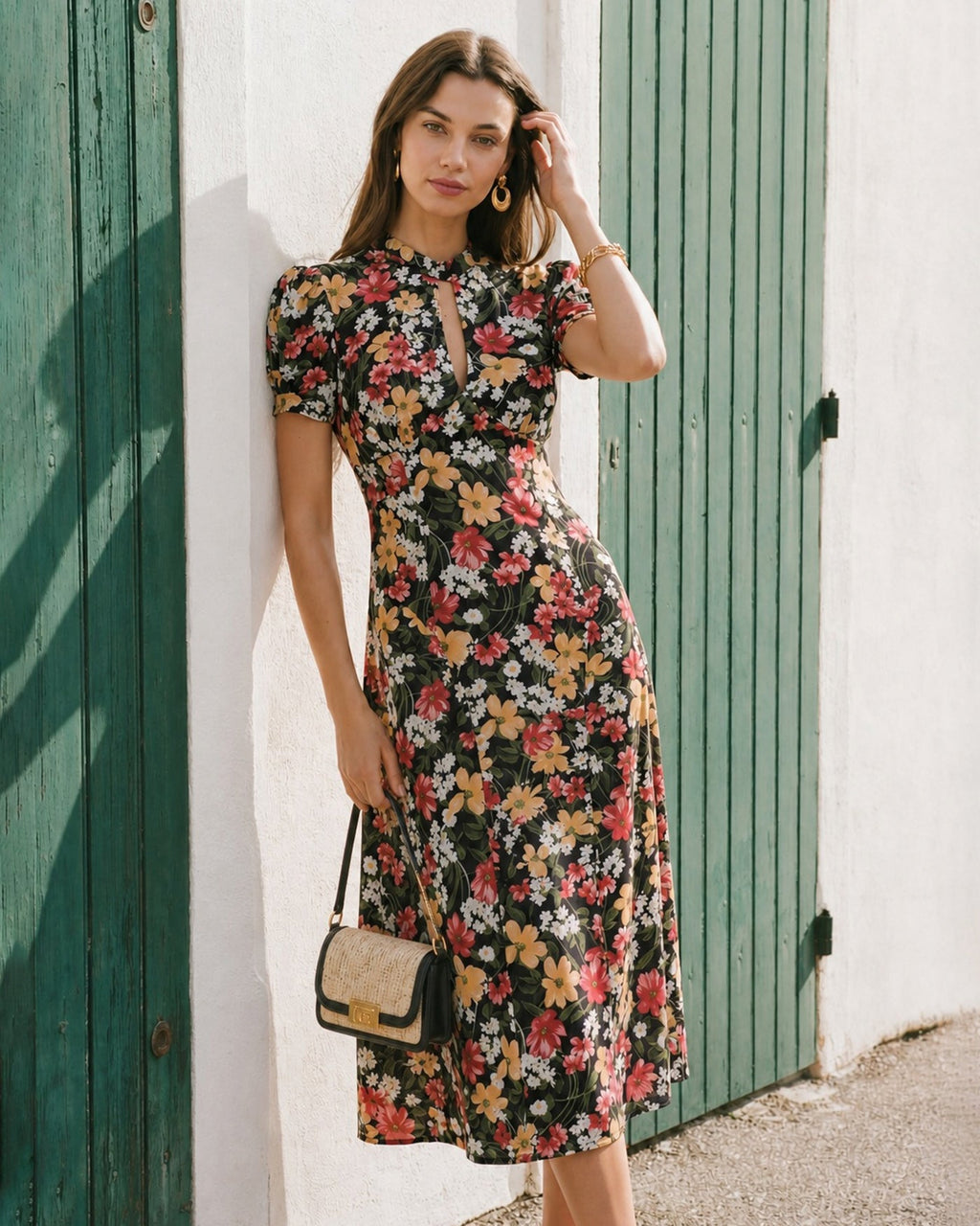 Svart Turtleneck Puffärm Blommig Midiklänning