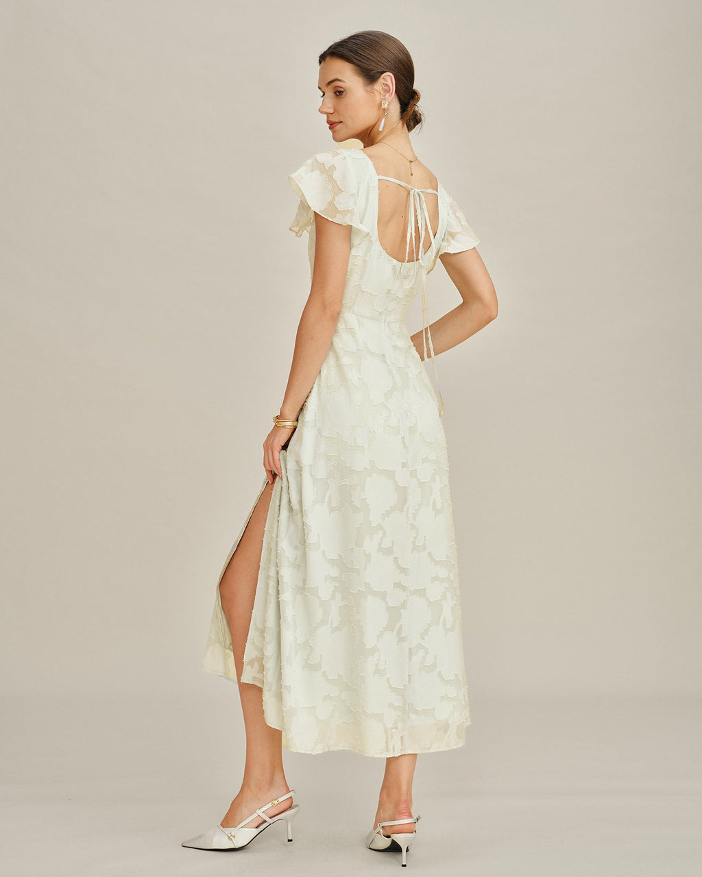 Beige Fyrkantig Hals Jacquard Midi Klänning
