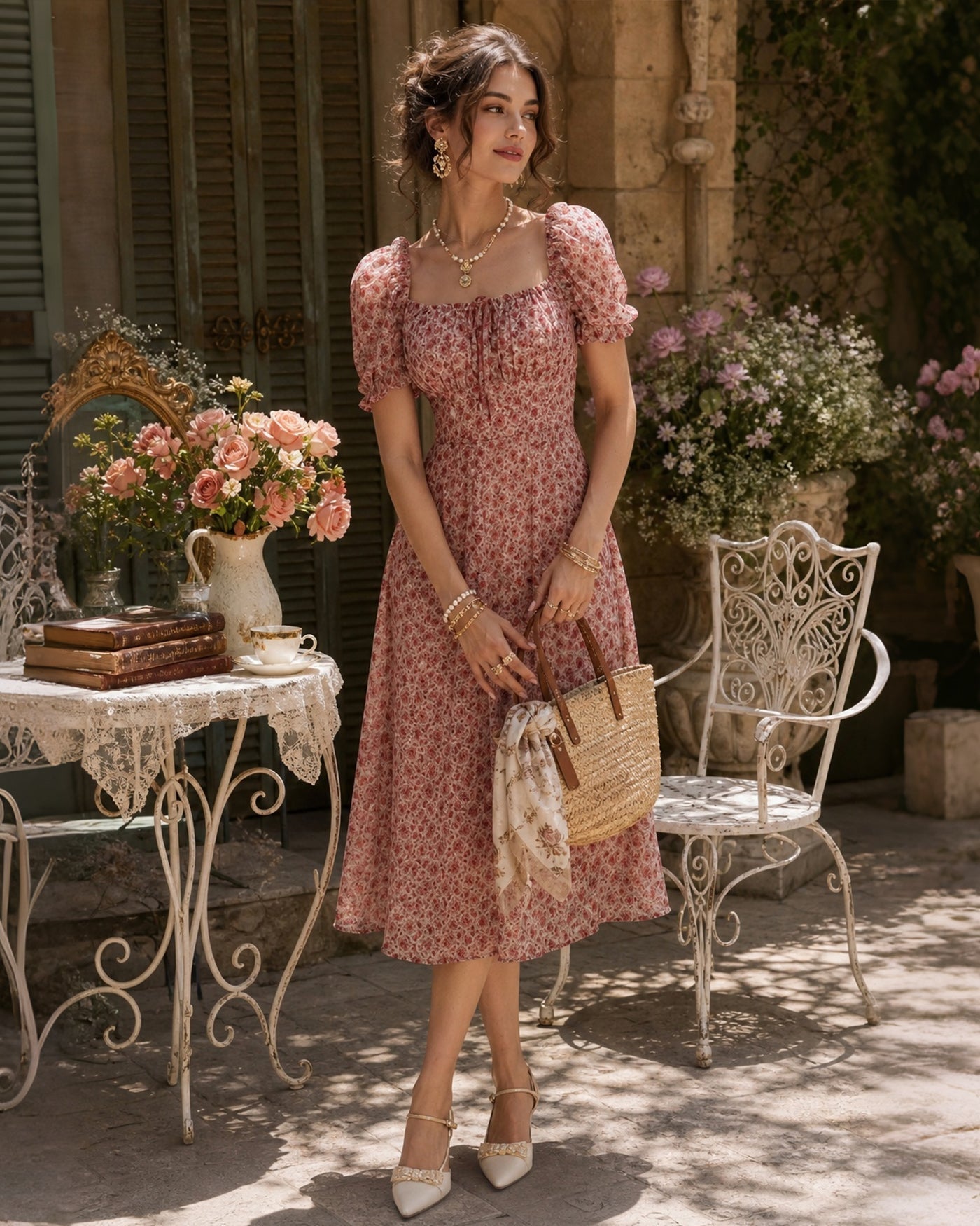Rosa Fyrkantig Hals Blommig Chiffon Midi Klänning