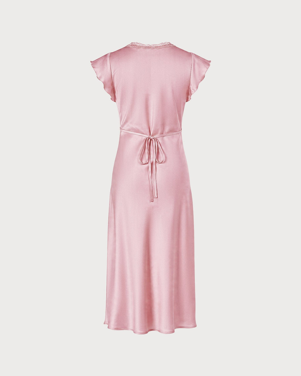 Rosa V-ringad spets satin midi klänning