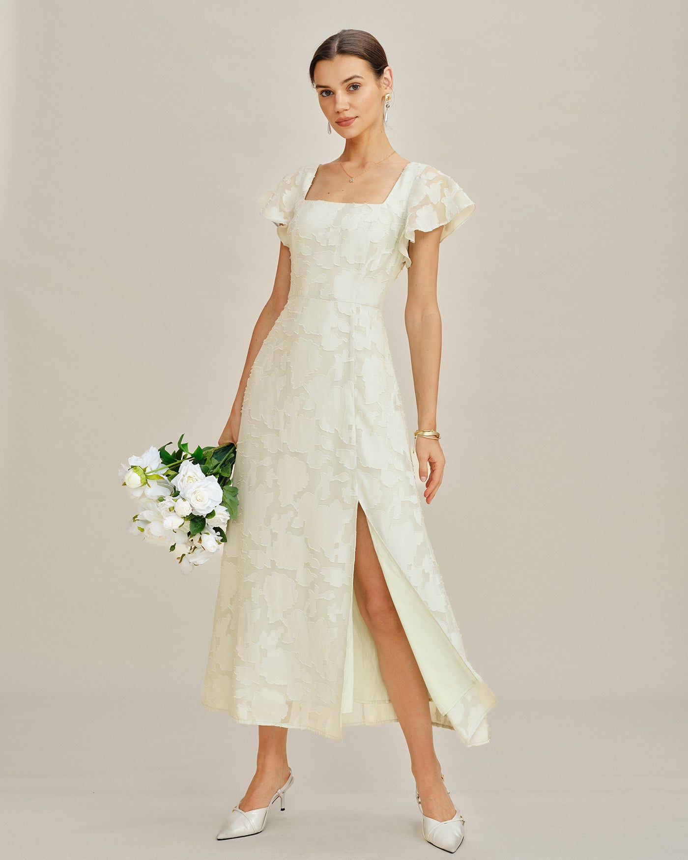 Beige Fyrkantig Hals Jacquard Midi Klänning