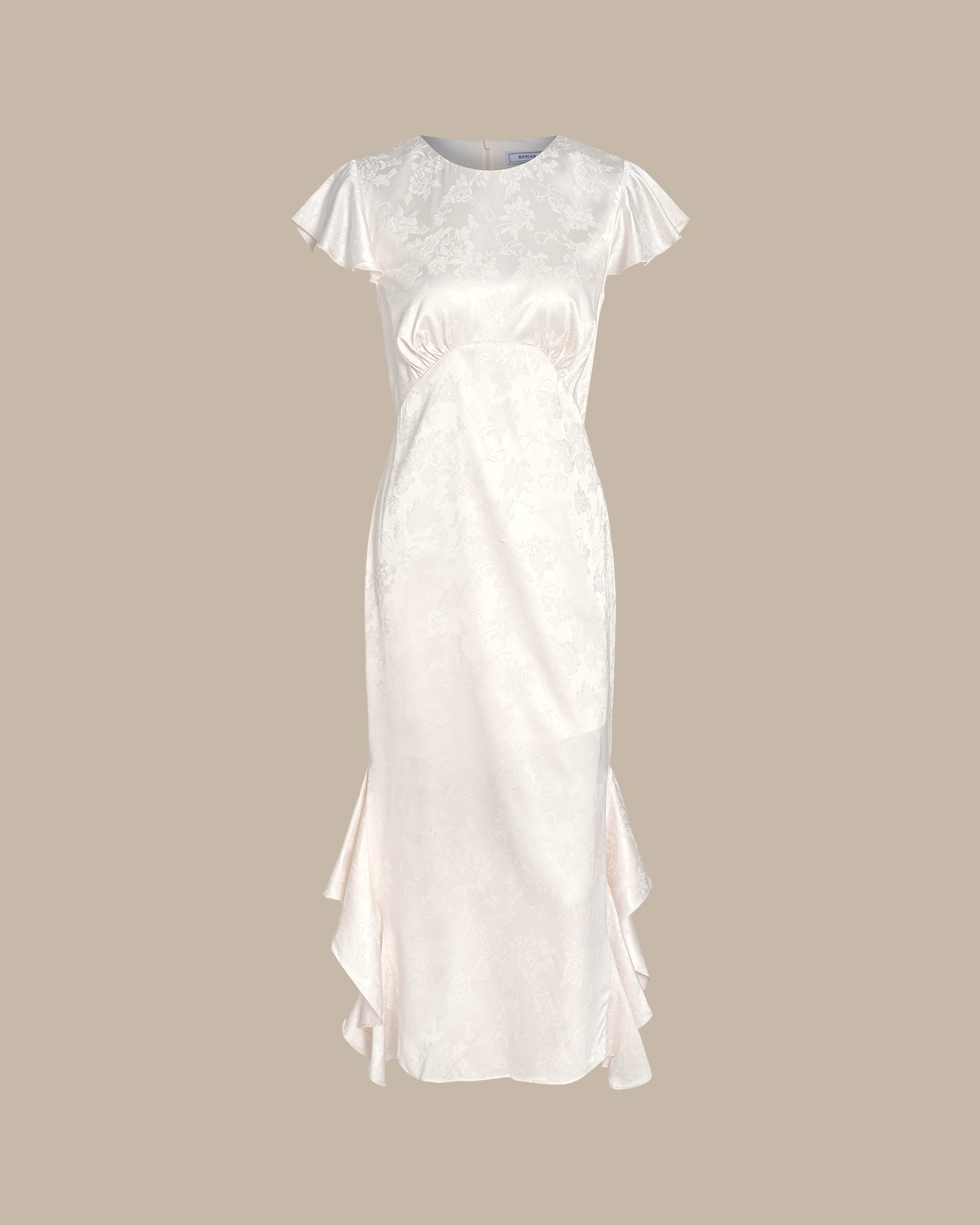Beige Båt Hals Jacquard Volang Midi Klänning