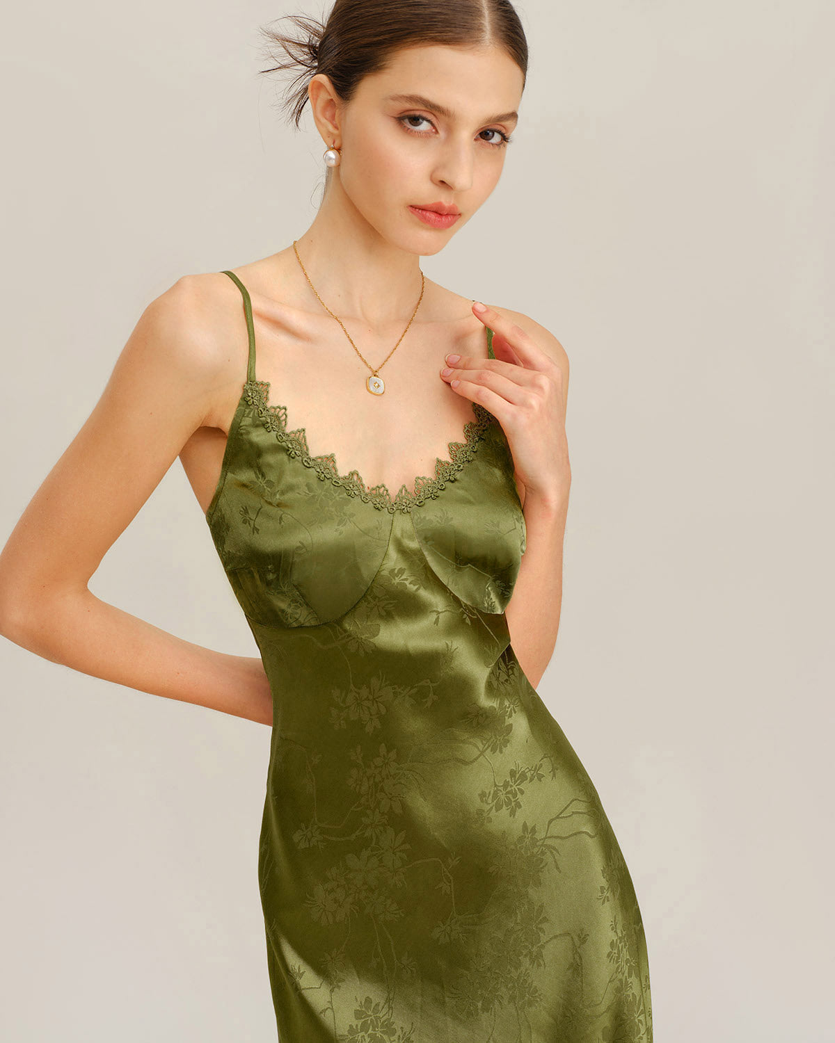 Grön Jacquard Korsett Slip Maxi Klänning