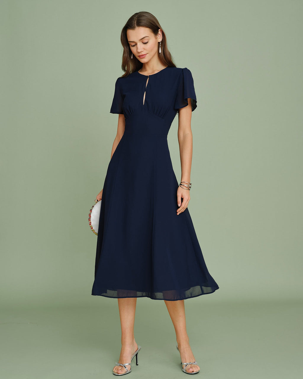 Marinblå Chiffon Midi Klänning