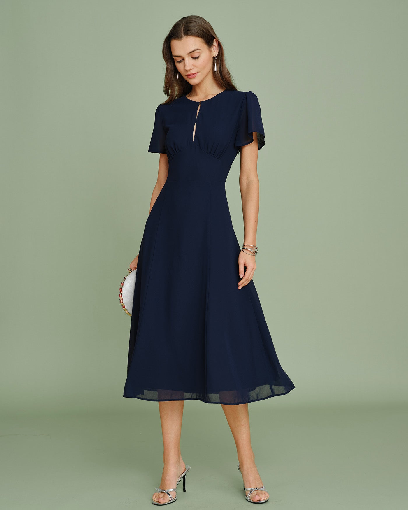 Marinblå Chiffon Midi Klänning