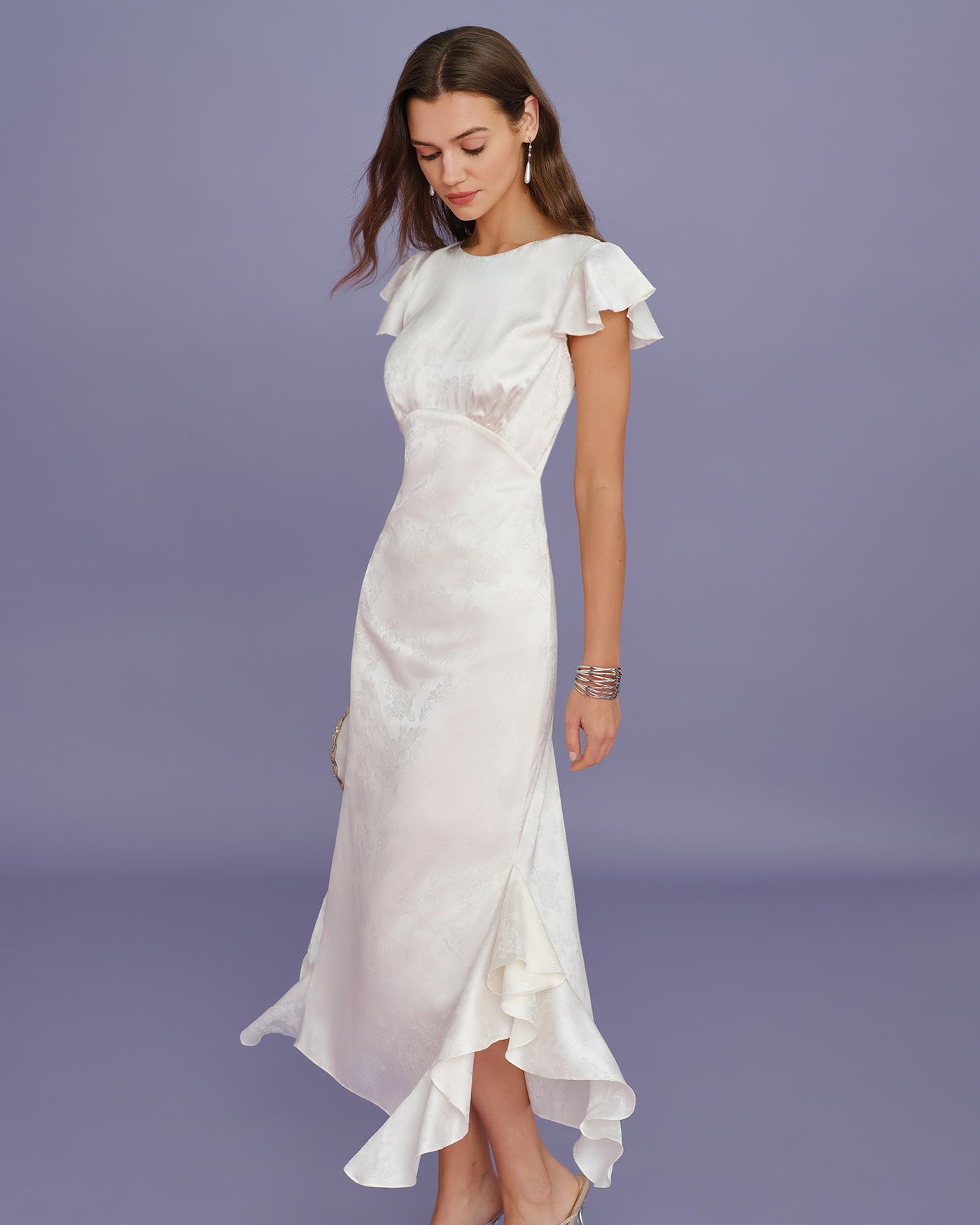 Beige Båt Hals Jacquard Volang Midi Klänning