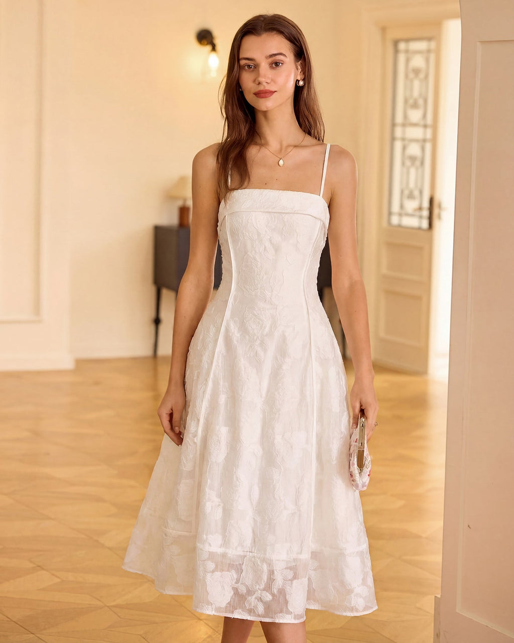 Vit Fyrkantig Hals Jacquard Slip Midi Klänning
