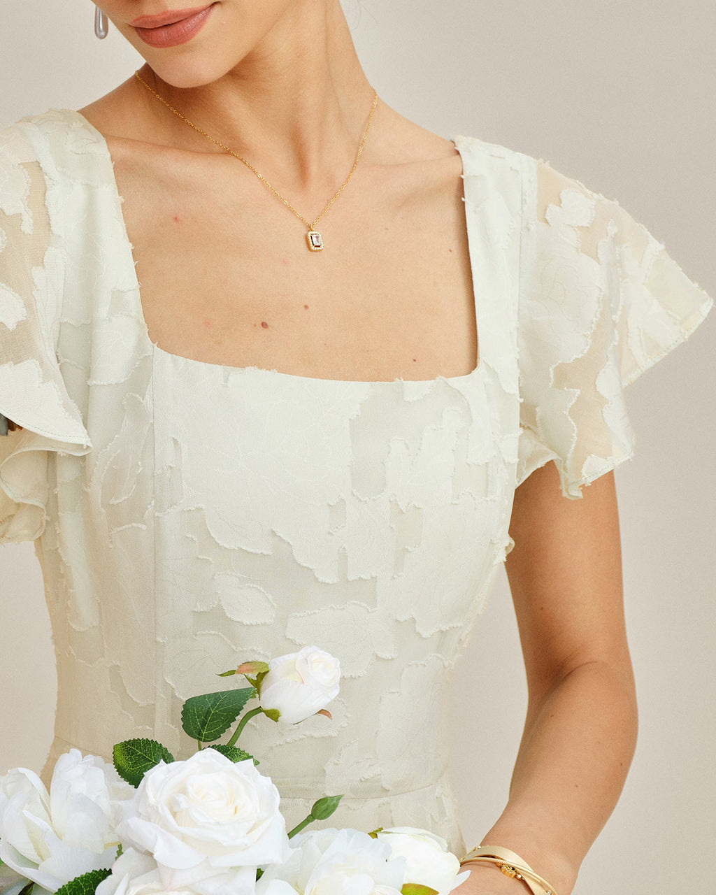 Beige Fyrkantig Hals Jacquard Midi Klänning