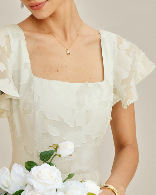 Beige Fyrkantig Hals Jacquard Midi Klänning